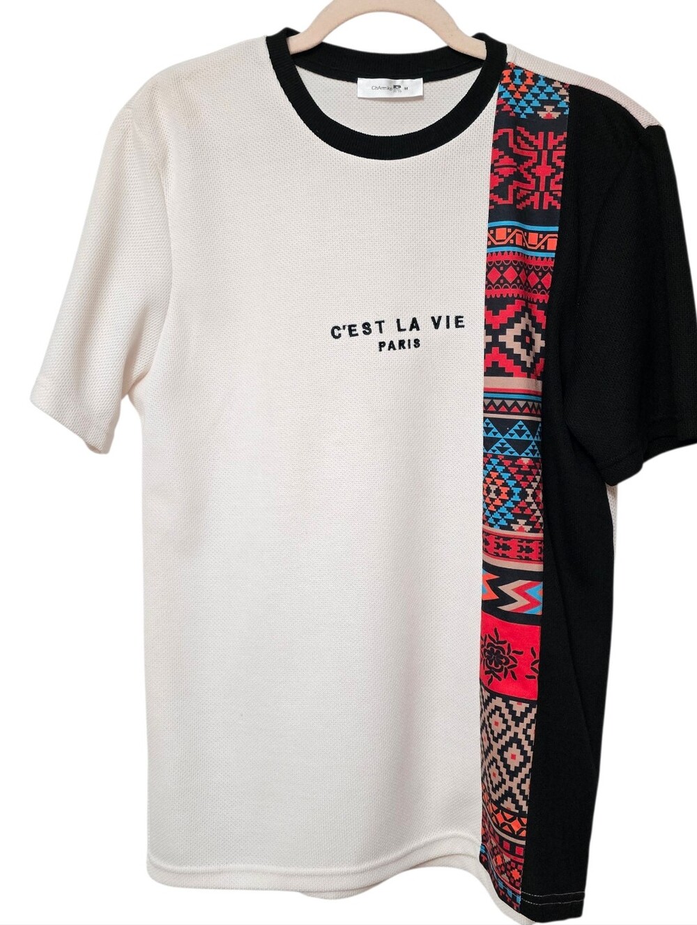 Mens ChArmkpR Short Sleeve Crewneck Tee - Cream & Black with Red Pattern Medium